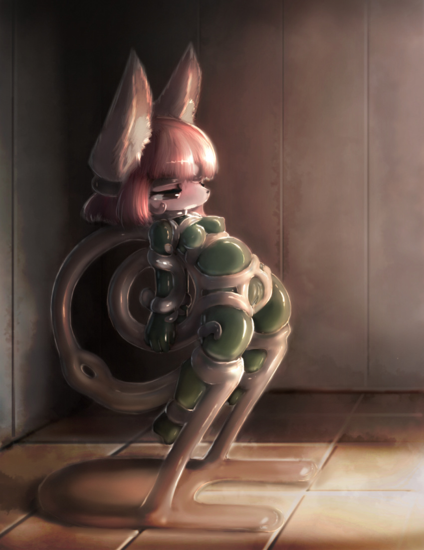 2019 anthro bound canid canine chibi clothing female hair half-closed_eyes hi_res mammal narrowed_eyes nipple_outline penetration pussy red_hair rubber rubber_suit solo sorrynothing tentacles vaginal vaginal_penetration