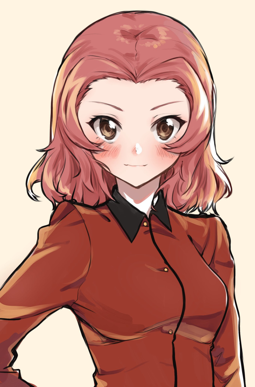 1girl blush brown_eyes closed_mouth commentary epaulettes girls_und_panzer hand_on_hip highres jacket long_sleeves looking_at_viewer mamu_t7s medium_hair military military_uniform red_hair red_jacket rosehip simple_background smile solo st._gloriana's_military_uniform uniform upper_body yellow_background