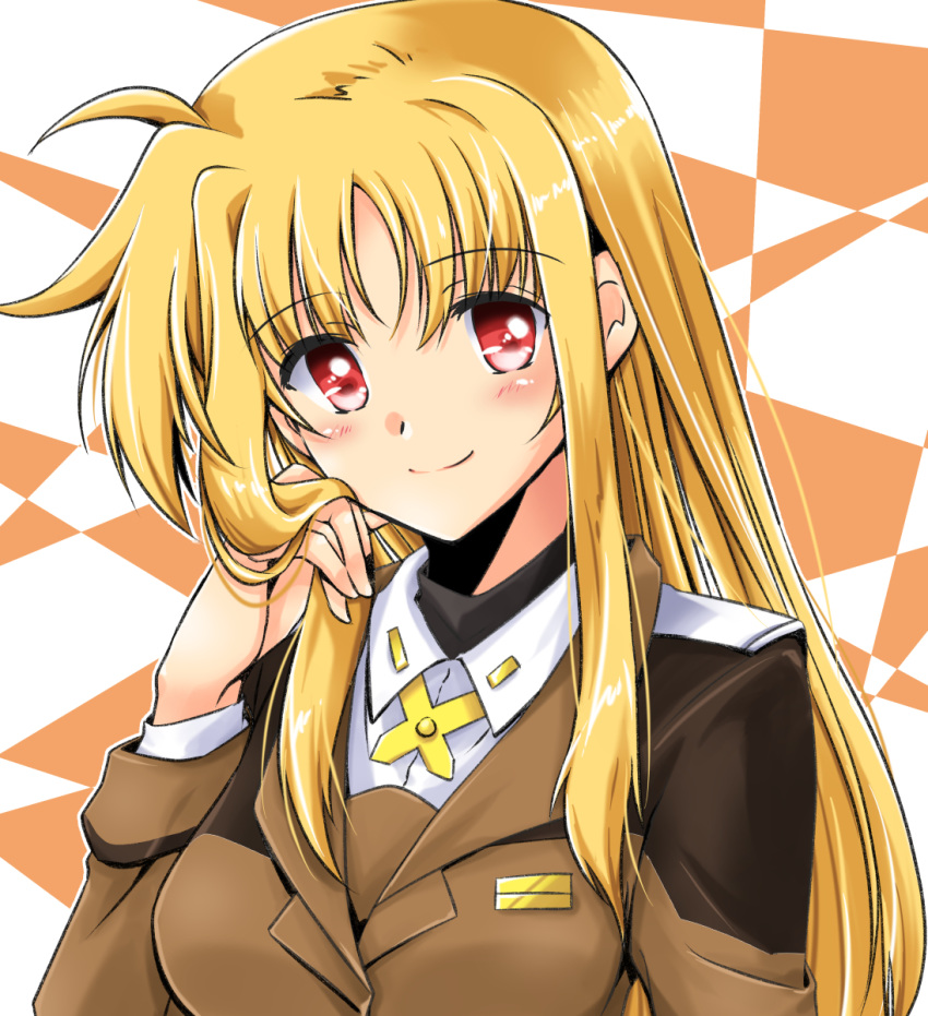 1girl bangs black_shirt blonde_hair brown_jacket closed_mouth eyebrows_visible_through_hair fate_testarossa hand_in_hair highres jacket long_hair long_sleeves looking_at_viewer lyrical_nanoha military military_uniform neck_ribbon portrait red_eyes ribbon san-pon shirt smile solo tsab_ground_military_uniform undershirt uniform yellow_neckwear