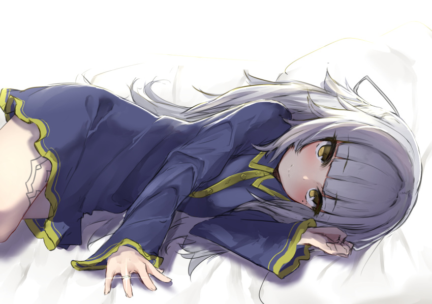 1girl alternate_costume azur_lane bangs blunt_bangs blush breasts buttons closed_mouth commentary_request grey_hair highres isobeageage jewelry long_hair long_sleeves looking_at_viewer lying mole mole_under_eye on_bed on_side outstretched_arm pajamas ring sidelocks small_breasts smile solo tattoo wedding_band yellow_eyes z46_(azur_lane)