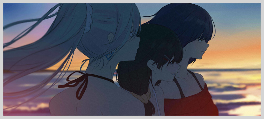 3girls back black_hair blue_hair blush closed_mouth commentary floating_hair from_behind from_side grin hair_ornament hair_scrunchie hairclip halterneck hawaii highres higuchi_kaede isshiki_(ffmania7) lips long_hair looking_afar mole mole_under_eye multiple_girls nijisanji ocean off_shoulder orange_sky outdoors ponytail purple_eyes red_sweater scrunchie shizuka_rin short_hair silver_hair sky smile sunset sweater tsukino_mito upper_body very_long_hair virtual_youtuber wind