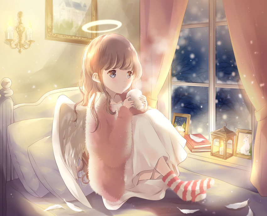 1girl angel angel_wings bangs blue_eyes book book_stack brown_hair bunny candle commentary_request cup curtains dress expressionless eyebrows_visible_through_hair feathered_wings feathers halo headboard highres holding holding_cup hoshiibara_mato indoors knees_to_chest lantern light_particles looking_to_the_side medium_hair night on_bed original painting_(object) picture_(object) picture_frame pillow pink_robe sconce sitting snowing socks solo steam striped striped_legwear white_dress window wings