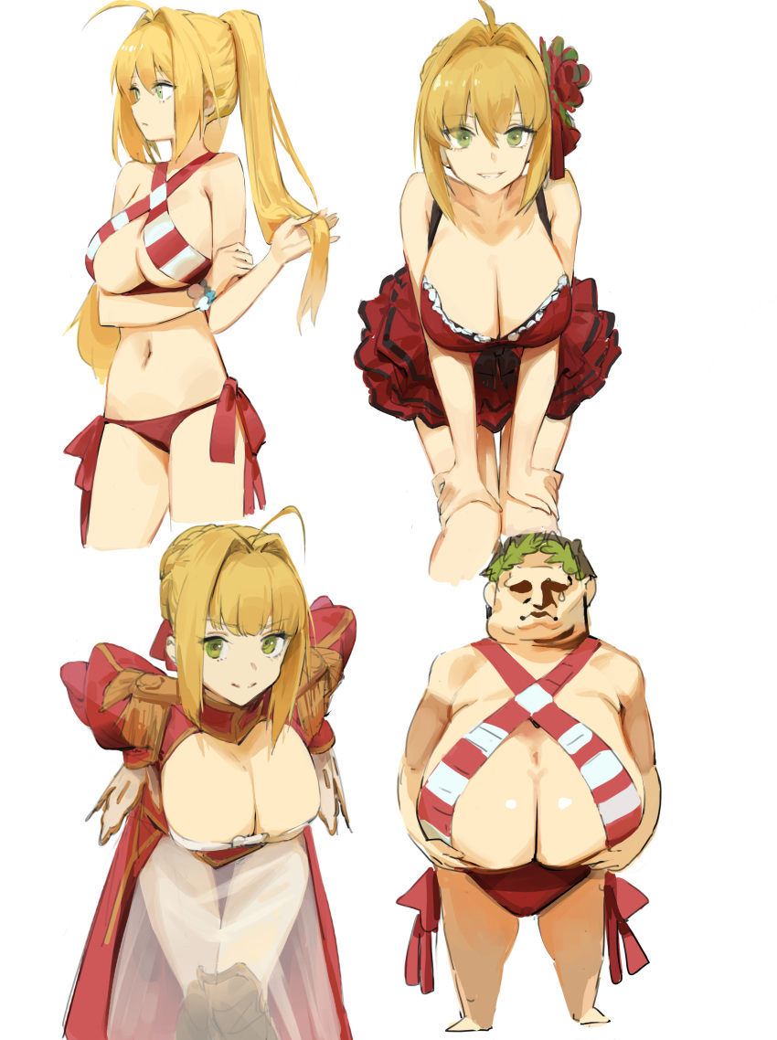 1boy 1girl absurdres ahoge arm_grab bangs bikini blonde_hair braid breasts cleavage closed_mouth criss-cross_halter cropped_legs dokshuri dress epaulettes fate/grand_order fate_(series) flower french_braid green_eyes grin hair_bun hair_flower hair_intakes hair_ornament halterneck hand_in_hair hands_on_hips hands_on_own_knees highres juliet_sleeves large_breasts layered_dress leaning_forward light_frown long_dress long_hair long_sleeves looking_at_viewer looking_to_the_side multiple_views namesake navel nero_claudius_(fate) nero_claudius_(fate)_(all) nero_claudius_(swimsuit_caster)_(fate) nero_claudius_caesar_augustus_germanicus puffy_sleeves red_dress red_flower see-through short_dress short_hair side-tie_bikini simple_background smile spaghetti_strap standing striped striped_bikini swimsuit tied_hair twintails white_background