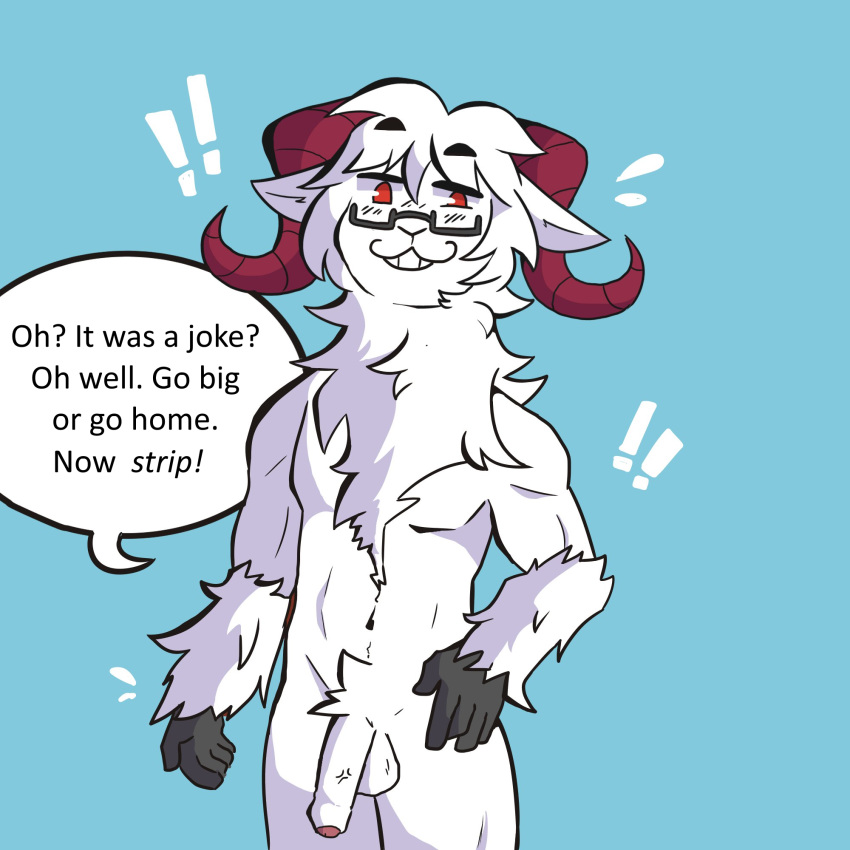 ! 1:1 2019 anthro boreray_sheep bovid caprine dialogue digital_media(artwork) eyewear fur hi_res horn hornstien humanoid_penis looking_at_viewer male mammal nude penis red_pupils sheep simple_background smile smug_sketch solo speech_bubble white_body white_fur