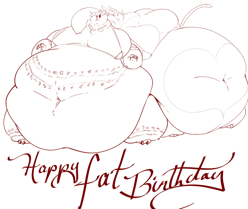 absurd_res arm_over_shoulder bikini birthday blush clothing demon gift hi_res line_art meow_(space_dandy) morbidly_obese obese overweight saintdraconis space_dandy swimwear