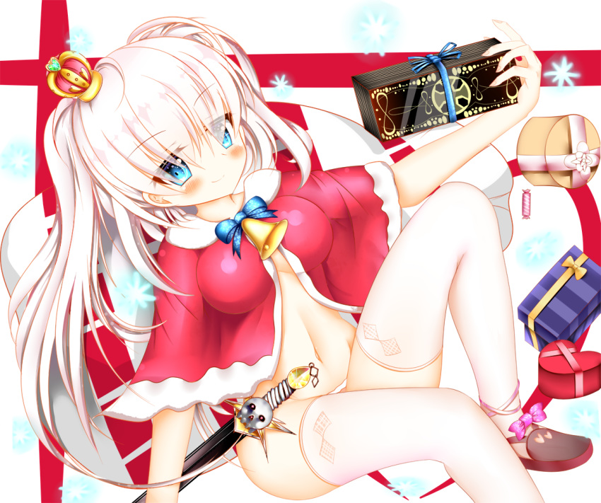1girl blue_eyes blush bow box breasts ce4wgd christmas crown gift hair_over_eyes hand_up heart-shaped_box long_hair medium_breasts mini_crown navel panties pink_bow red_background sack sennen_sensou_aigis simple_background sitting smile snowflakes solo sword sybilla thighhighs tilted_headwear two-tone_background underwear weapon white_background white_hair white_legwear wrapped_candy