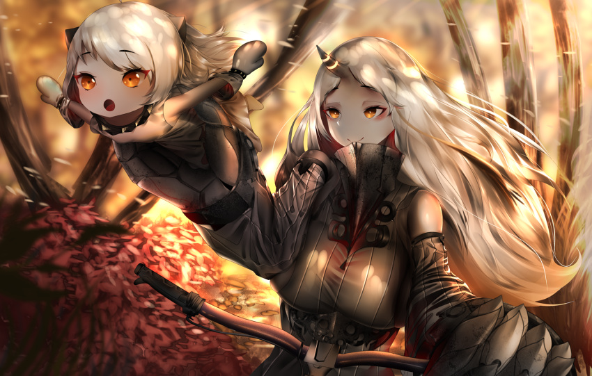2girls autumn_leaves bicycle blush breasts claws detached_sleeves dress gdat ground_vehicle horn horns kantai_collection large_breasts long_hair looking_at_viewer mittens multiple_girls northern_ocean_hime open_mouth orange_eyes outdoors pale_skin ribbed_dress riding seaport_hime shinkaisei-kan sleeveless sleeveless_dress smile very_long_hair white_dress white_hair white_skin