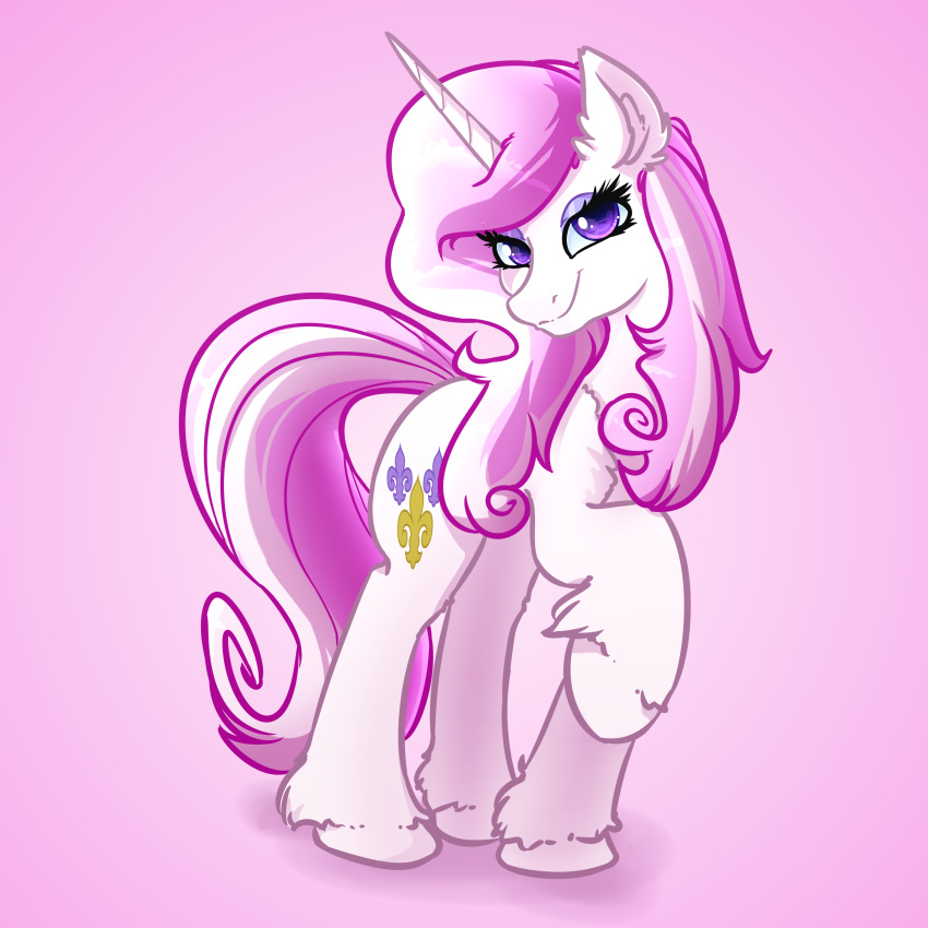 1:1 2019 absurd_res cutie_mark equid female feral fleur_de_lis_(mlp) friendship_is_magic hair hi_res horn looking_at_viewer mammal my_little_pony pink_background simple_background smile solo unicorn witchtaunter