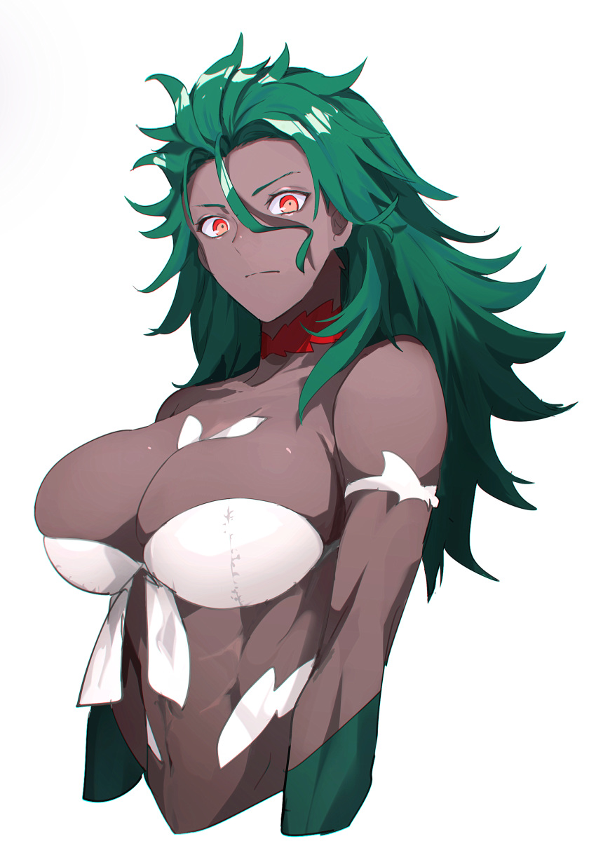 1girl bodypaint breasts closed_mouth cropped_arms cropped_torso dark_skin flipped_hair gen_8_pokemon green_hair hair_between_eyes hair_slicked_back hair_strand highres large_breasts long_hair looking_at_viewer navel personification pokemon pokemon_(game) pokemon_swsh red_eyes rillaboom simple_background skindentation solo wakahiko white_background white_bikini_top