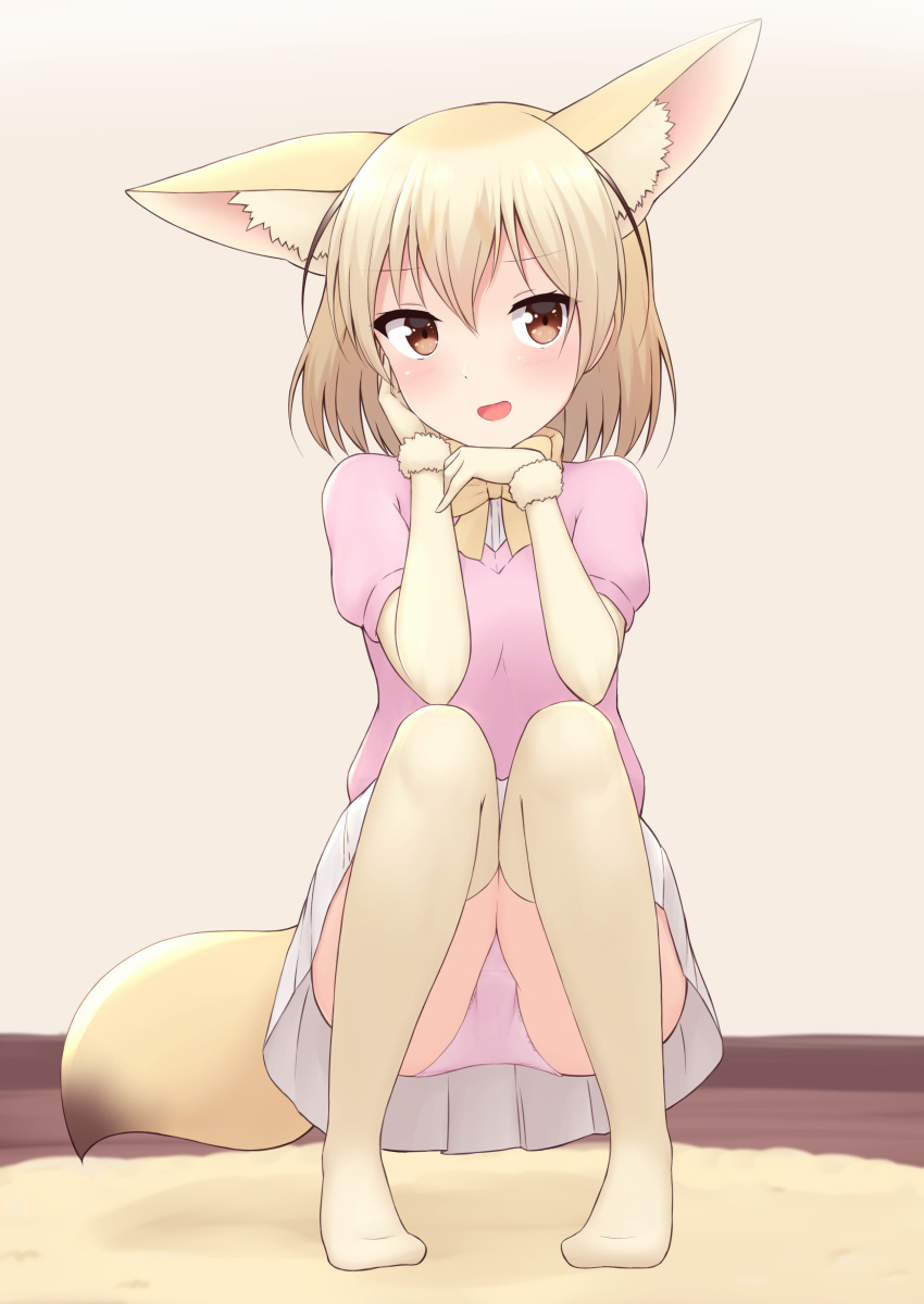 1girl :d absurdres animal_ear_fluff animal_ears bangs blonde_hair bow bowtie brown_eyes commentary elbow_gloves extra_ears fennec_(kemono_friends) fox_ears full_body gloves hair_between_eyes highres indoors kemono_friends looking_at_viewer no_shoes open_mouth panties pantyshot pantyshot_(squatting) pink_panties pink_shirt pleated_skirt shiraha_maru shirt short_hair short_sleeves skirt smile solo squatting thighhighs underwear white_skirt yellow_legwear yellow_neckwear