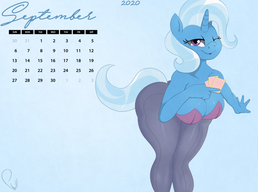 anthro anthrofied big_breasts breasts calendar cleavage clothed clothing equid female friendship_is_magic hanging_breasts horn mammal my_little_pony one_eye_closed phylloaurea skimpy trixie_(mlp) unicorn wink