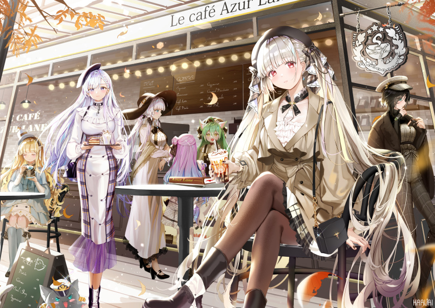 akashi_(azur_lane) animal animal_ears anthropomorphism aqua_eyes ark_royal_(azur_lane) autumn azur_lane belfast_(azur_lane) blonde_hair book boots breasts cat catgirl dress food formidable_(azur_lane) green_hair group hat illustrious_(azur_lane) jpeg_artifacts long_hair mullpull pantyhose purple_eyes queen_elizabeth_(azur_lane) red_eyes twintails unicorn_(azur_lane) watermark white_hair yellow_eyes