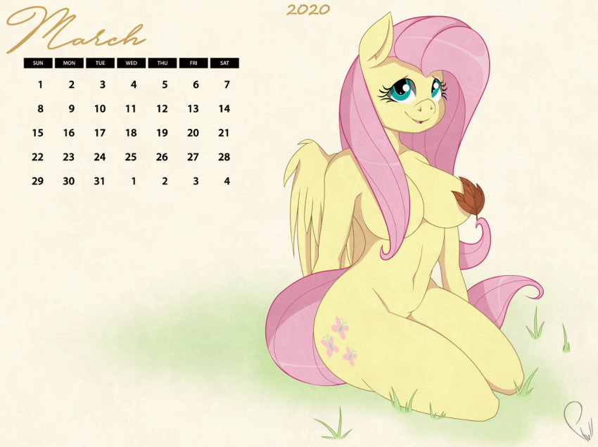 anthro anthrofied big_breasts breasts calendar convenient_censorship cutie_mark equid equine female fluttershy_(mlp) friendship_is_magic mammal mostly_nude my_little_pony nude outside phylloaurea pterippus wings