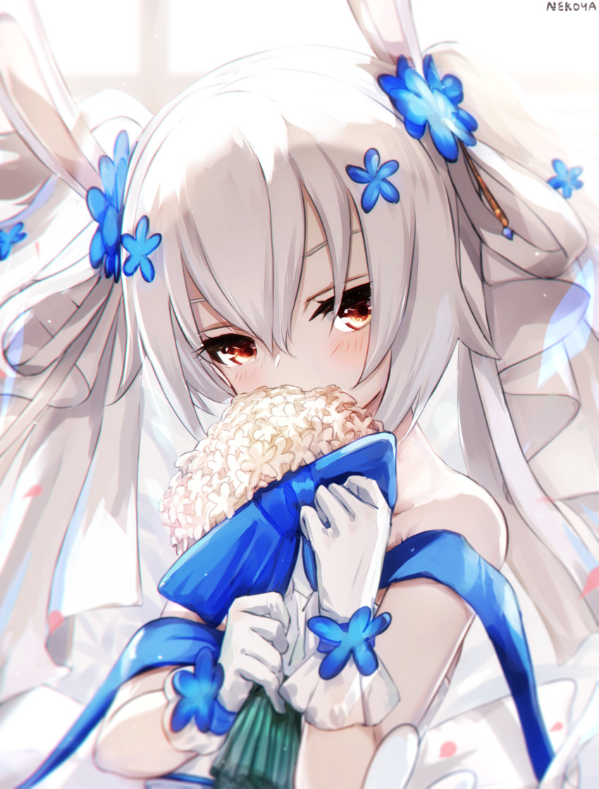 1girl absurdres animal_ears azur_lane bangs bare_shoulders blue_flower blurry blurry_background blush bouquet bunny_ears commentary_request depth_of_field dyolf eyebrows_behind_hair flower gloves grey_hair hair_between_eyes hair_flower hair_ornament head_tilt highres holding holding_bouquet laffey_(azur_lane) laffey_(white_rabbit's_oath)_(azur_lane) long_hair looking_at_viewer red_eyes signature solo twintails upper_body white_flower white_gloves