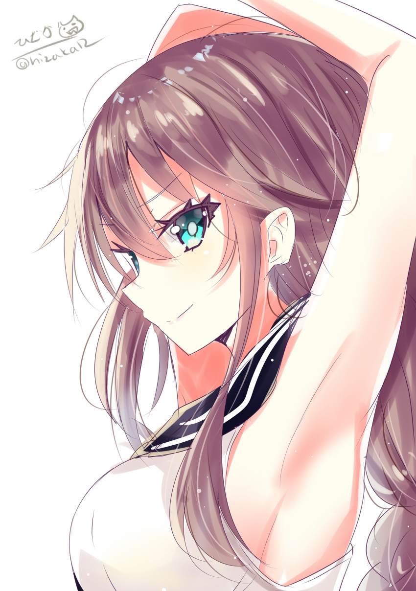 1girl armpits blush braid breasts brown_hair closed_mouth eyebrows_visible_through_hair green_eyes highres hizaka kantai_collection large_breasts long_hair looking_at_viewer noshiro_(kantai_collection) school_uniform serafuku simple_background smile solo twitter_username white_background