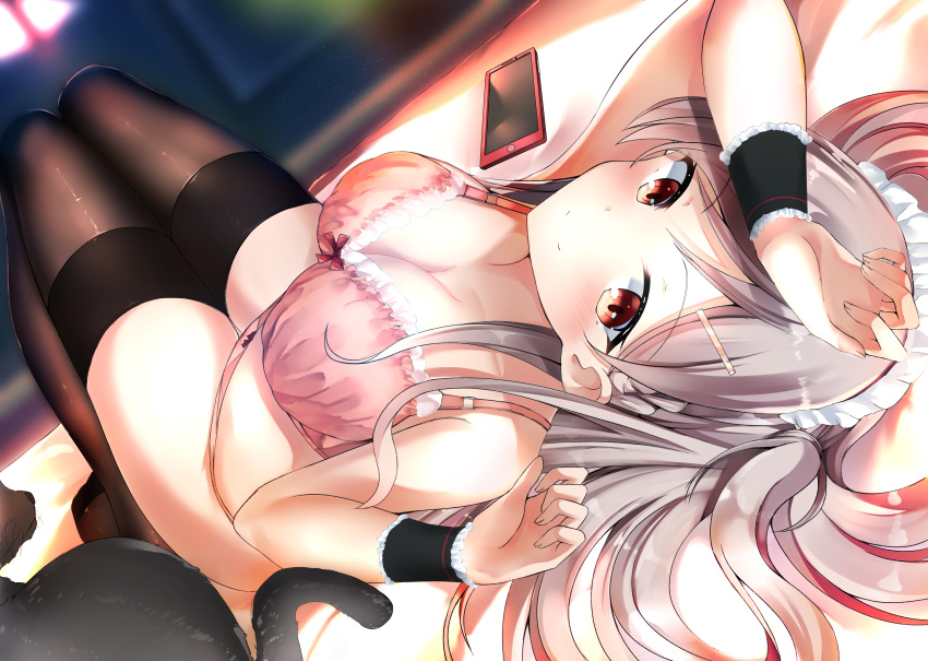 1girl absurdres bangs black_legwear blurry blurry_background blush bra breasts brown_eyes cat cellphone cleavage closed_mouth grey_hair hair_ornament hairclip hands_up highres hiragi_ringo long_hair looking_at_viewer lying maid maid_headdress medium_breasts on_back on_bed one_side_up original parted_bangs phone pink_bra sidelocks smartphone smile solo thighhighs thighs underwear wrist_cuffs