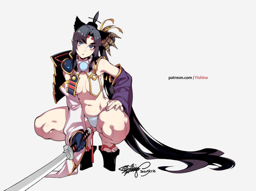 armor black_hair blue_eyes breasts fate/grand_order fate_(series) feathers fishine gloves katana long_hair panties ponytail samurai signed spread_legs sword topless underwear ushiwakamaru_(fate/grand_order) watermark weapon