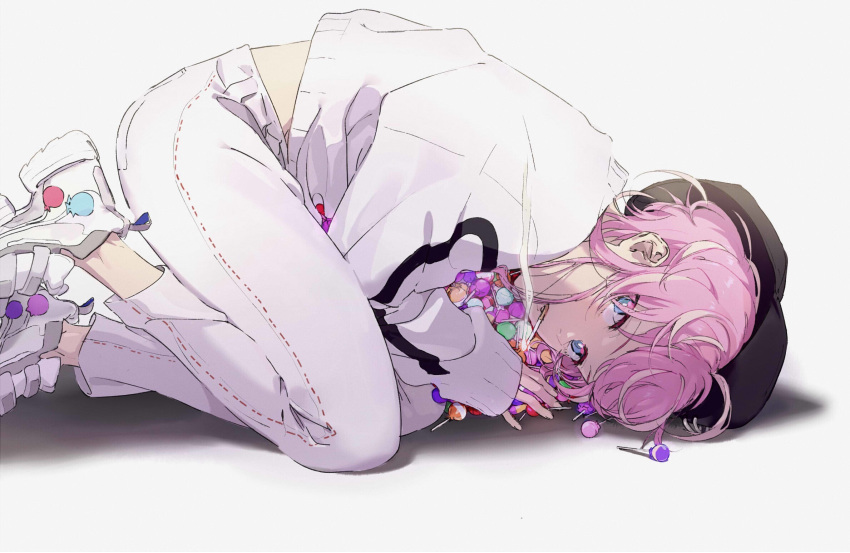 1boy amemura_ramuda bangs black_headwear blue_eyes candy cigarette feet_out_of_frame food food_print foot_up from_side hat highres holding hypnosis_mic lollipop long_sleeves looking_at_viewer male_focus micaoz mouth_hold orz pants pink_hair shoes smoke smoking sneakers solo sweater white_background white_footwear white_pants white_sweater