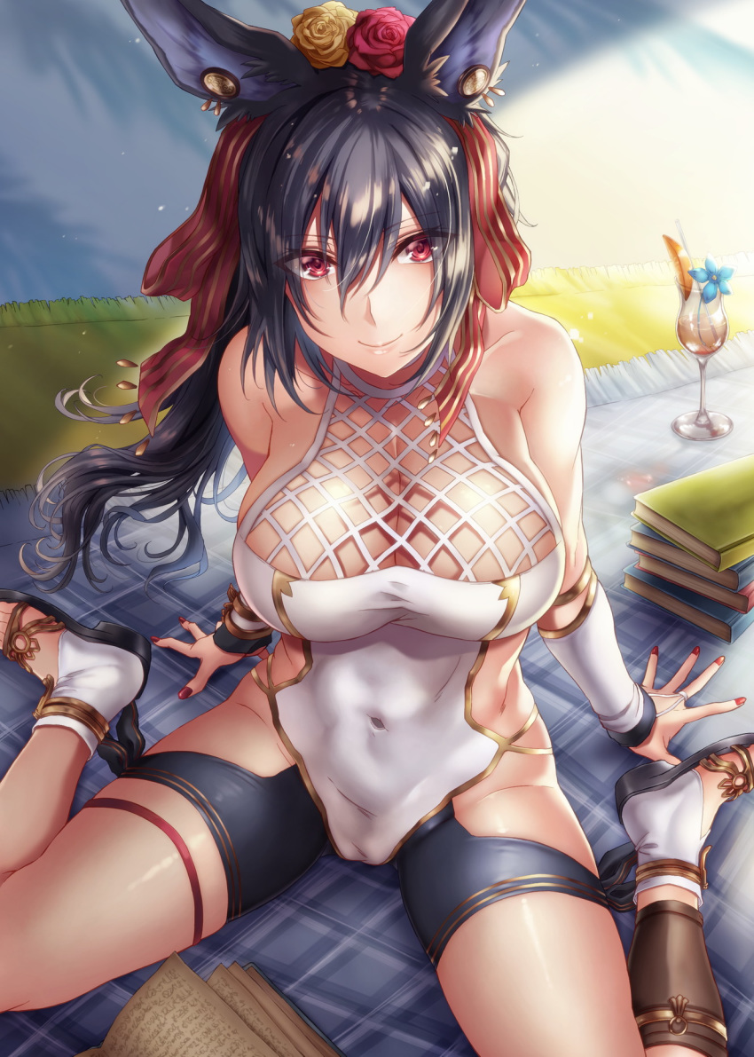 1girl animal_ears arm_support black_hair blanket blush book breasts cleavage collarbone covered_navel cup drinking_glass drinking_straw erune flower granblue_fantasy hair_between_eyes hair_flower hair_ornament hair_ribbon highres hikari_(komitiookami) ilsa_(granblue_fantasy) large_breasts long_hair looking_at_viewer nail_polish outdoors red_eyes red_nails revision ribbon rose sitting smile solo swimsuit wariza wind