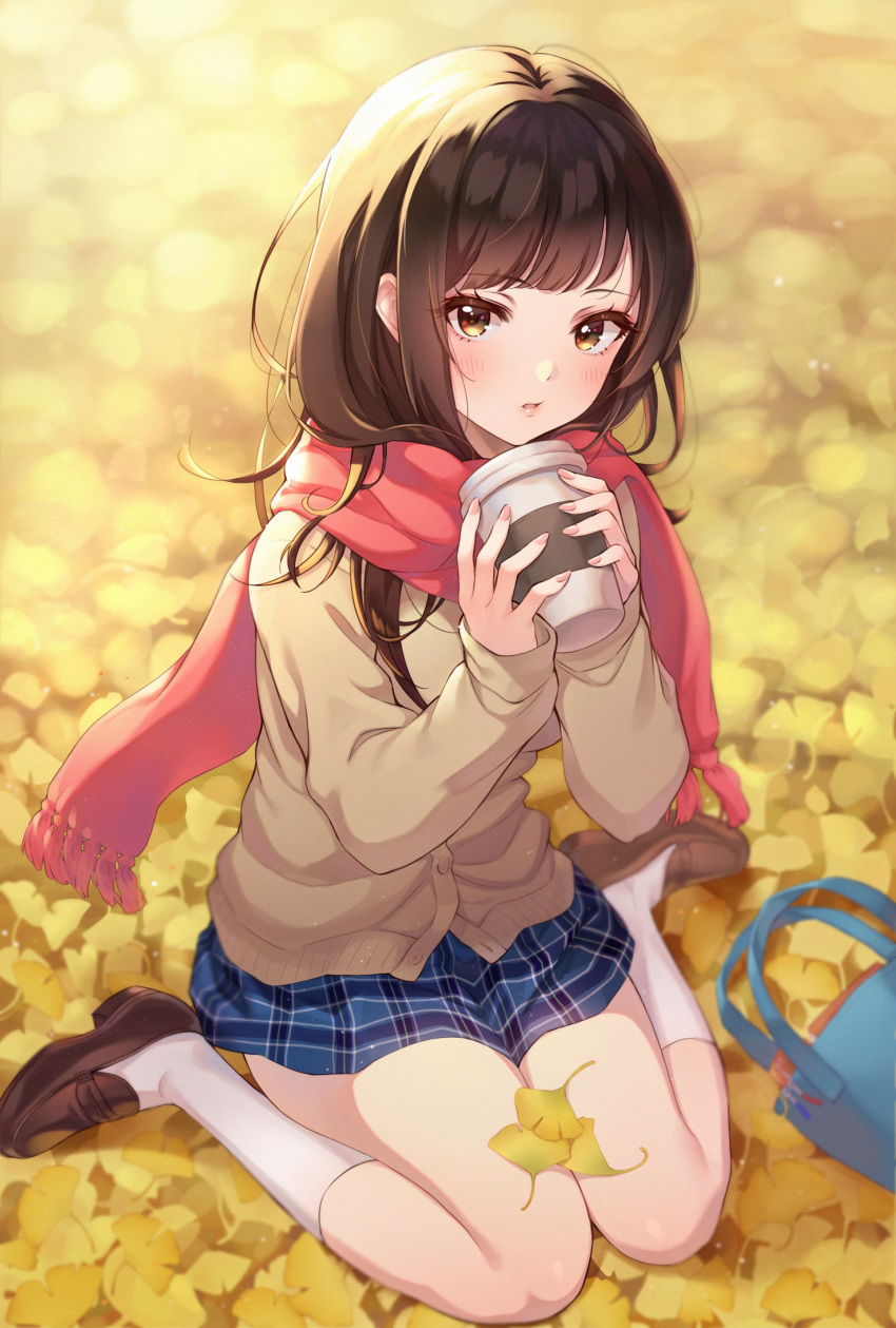 1girl absurdres autumn autumn_leaves backlighting bag bangs blue_skirt blunt_bangs blurry blush brown_eyes brown_hair cardigan coffee_cup cup day depth_of_field disposable_cup fingernails hands_up highres holding holding_cup inchangboy2 leaf light_particles loafers long_hair looking_at_viewer on_ground original outdoors parted_lips plaid plaid_skirt red_scarf scarf school_uniform shoes sitting skirt sleeves_past_wrists socks solo sunlight wariza white_legwear