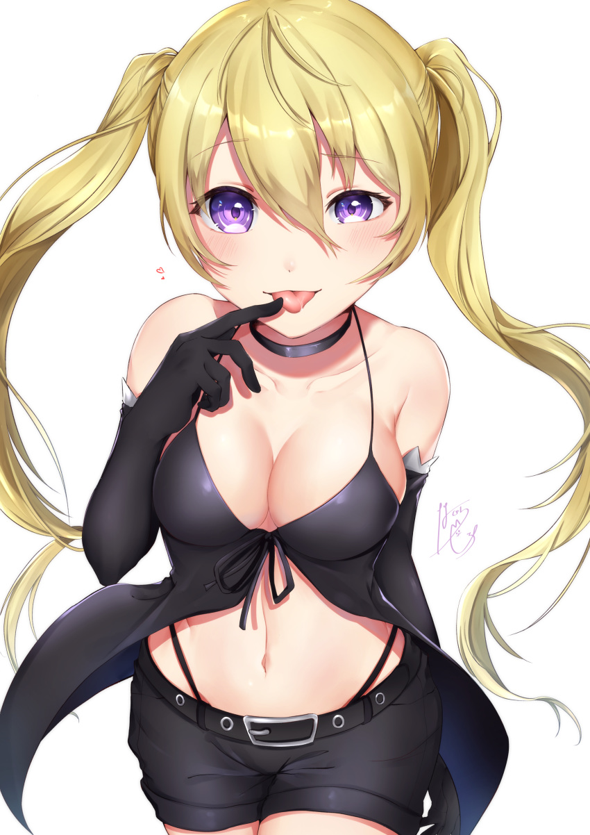 1girl :p absurdres aika_(1019-akari) bangs bare_shoulders belt black_choker black_dress black_gloves black_shorts blonde_hair blush breasts center_opening choker cleavage collarbone commentary_request cowboy_shot dress elbow_gloves eyebrows_visible_through_hair finger_licking front-tie_top gloves groin hair_between_eyes heart highleg highleg_panties highres large_breasts licking lieselotte_sherlock long_hair looking_at_viewer navel open_clothes open_dress panties purple_eyes saliva short_shorts shorts sidelocks signature simple_background solo tongue tongue_out trinity_seven twintails underwear uneven_eyes very_long_hair white_background