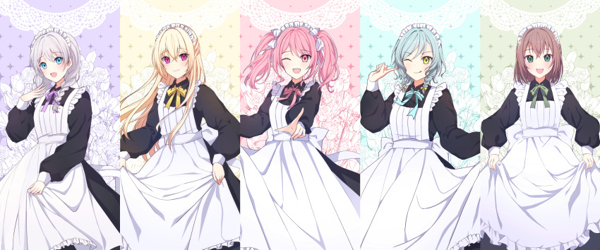 5girls :d ;d ;q absurdres alternate_costume apron aqua_hair arm_up bang_dream! bangs black_dress blonde_hair blue_eyes blush bow bowtie braid brown_hair cowboy_shot dress enmaided eyebrows_visible_through_hair floral_background flower frilled_apron frills green_eyes hair_bow half_updo highres hikawa_hina holding_dress long_hair long_sleeves looking_at_viewer maid maid_apron maid_headdress maruyama_aya miyo_(user_zdsp7735) multicolored multicolored_background multiple_girls one_eye_closed open_mouth pastel_palettes pink_bow pink_eyes pink_hair pointing puffy_long_sleeves puffy_sleeves purple_eyes rose shirasagi_chisato short_hair side_braids sidelocks smile sparkle_background sweat symbol_commentary tongue tongue_out twin_braids twintails wakamiya_eve white_apron white_bow white_hair yamato_maya