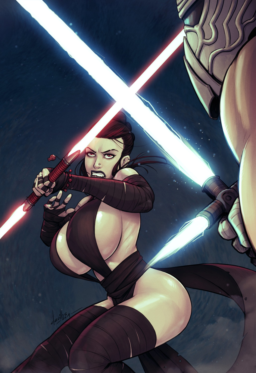 1boy 1girl absurdres black_lipstick breasts dark_persona devilhs double-blade duel energy_sword eyebrow_piercing highres kylo_ren large_breasts lightsaber lipstick makeup mask nose_piercing pale_skin piercing red_eyes rey_(star_wars) scowl sideboob sith star_wars sword weapon