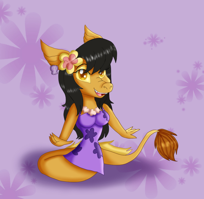 2019 accessory amber_eyes anthro asian_mythology black_hair clothed clothing digital_media_(artwork) dragon dress ear_piercing ear_ring east_asian_mythology eastern_dragon eyeshadow fan_character female flower flower_in_hair hair hair_accessory hawaiian jewelry kendratheshinyeevee legless leilani_(kendratheshinyeevee) long_hair long_tail makeup mythology necklace open_mouth orange_body orange_scales piercing plant scales scalie smile solo xiaolin_showdown yellow_sclera