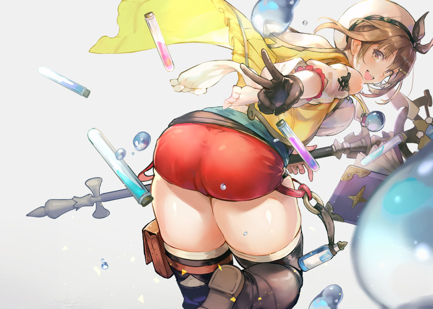 1girl :d ass atelier_(series) atelier_ryza breasts brown_eyes brown_gloves brown_hair evers eyebrows_visible_through_hair from_behind gloves grey_background hair_ornament hairclip hat highres holding holding_staff looking_at_viewer open_mouth red_shorts reisalin_stout short_hair short_shorts shorts simple_background single_glove smile solo staff test_tube thighhighs thighs v white_headwear white_legwear