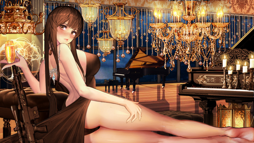 1girl ahoge alternate_costume ass backless_dress backless_outfit bangs bare_shoulders barefoot blunt_bangs blush breasts brown_hair closed_mouth cup dress dsr-50_(girls_frontline) dsr-50_(weapon) embarrassed evening_gown eyebrows_visible_through_hair girls_frontline gudadan gun highres holding holding_cup jewelry large_breasts long_hair looking_at_viewer necklace red_eyes rifle sidelocks soles solo thighs very_long_hair weapon