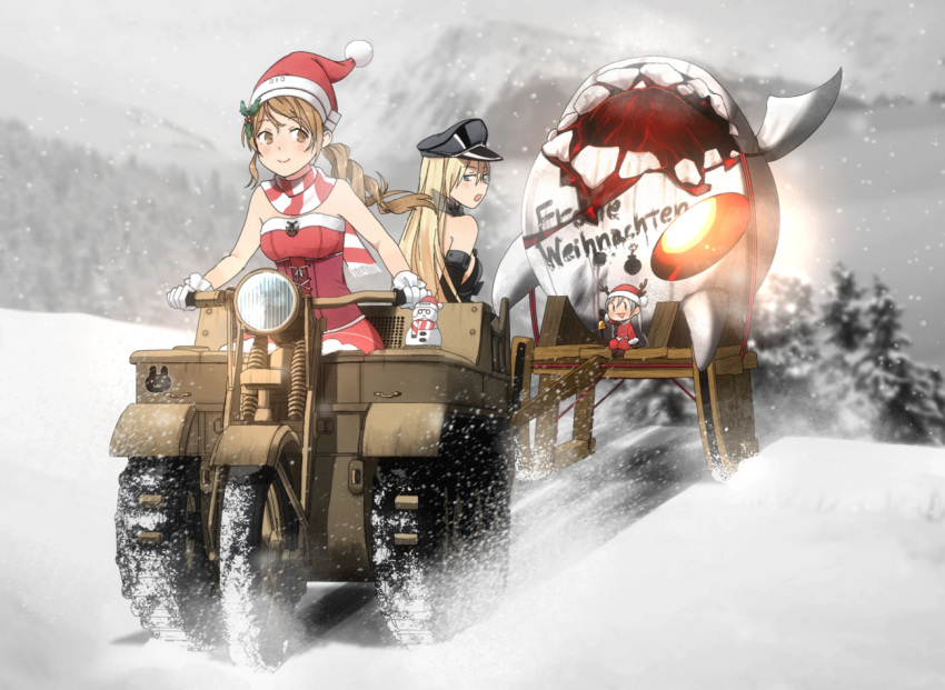 3girls annin_musou antlers bare_shoulders bell bismarck_(kantai_collection) blonde_hair blue_eyes blush brown_eyes brown_gloves brown_hair christmas commentary_request detached_sleeves driving enemy_aircraft_(kantai_collection) eyebrows_visible_through_hair fairy_(kantai_collection) fringe_trim fur_trim glasses gloves grey_hair ground_vehicle hair_between_eyes hat kantai_collection littorio_(kantai_collection) long_hair military military_uniform motor_vehicle multiple_girls open_mouth peaked_cap pince-nez pom_pom_(clothes) reindeer_antlers roma_(kantai_collection) santa_costume santa_hat scarf shinkaisei-kan smile snow snowing snowman striped striped_scarf the_roma-like_snowman uniform white_gloves