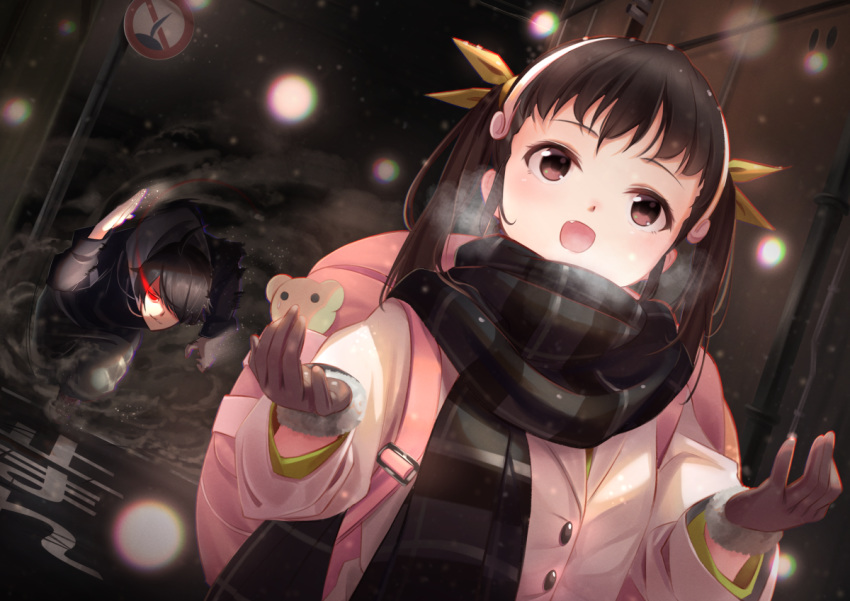 araragi_koyomi bakemonogatari gloves hachikuji_mayoi monogatari_(series) scarf snow tagame_(tagamecat)