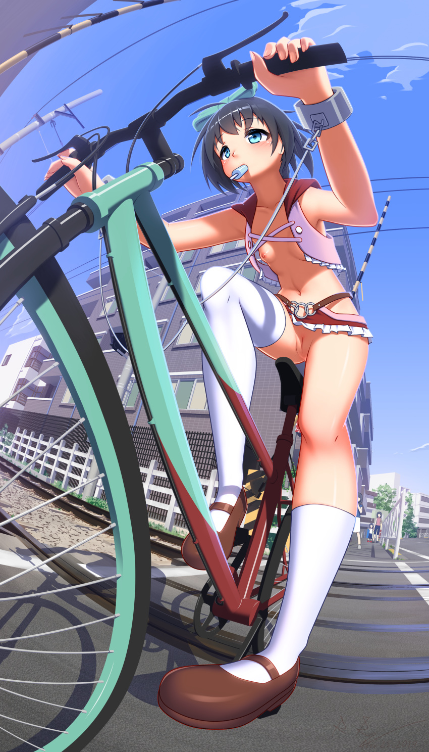 1girl absurdres bicycle black_hair blue_eyes blush breasts brown_footwear cloud collarbone cuffs exhibitionism eyebrows_visible_through_hair food from_below ground_vehicle hair_ornament hair_ribbon handcuffs highres kunihiro_hajime microskirt navel nipples no_bra no_panties outdoors popsicle public_nudity pussy red_romanov ribbon saki shiny shiny_hair shiny_skin short_hair skirt sky small_breasts solo thighhighs white_legwear