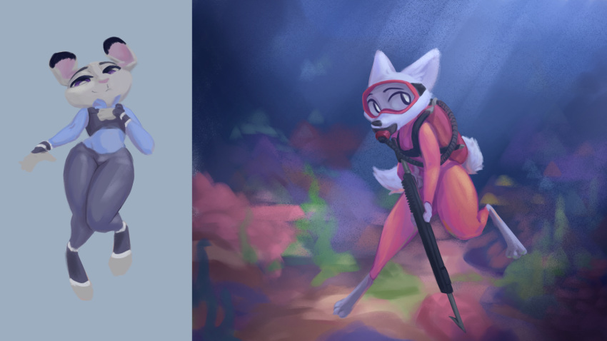 16:9 2019 anthro arctic_fox barefoot bulletproof_vest canid canine clothed clothing detailed_background dipstick_ears disney diver eyewear female fox goggles grey_background half-closed_eyes hand_on_chest hi_res holding_object holding_weapon ittybittykittytittys judy_hopps lagomorph leporid looking_at_viewer mammal mask medical_instrument multicolored_ears narrowed_eyes oxygen_mask oxygen_tank police_uniform purple_eyes rabbit scientific_instrument scuba_gear simple_background skye_(zootopia) solo speargun underwater uniform water weapon wetsuit zootopia