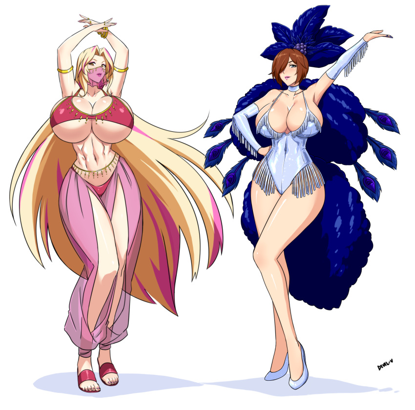 2girls absurdres belly_dancing blonde_hair breasts brown_hair cleavage copyright_request devil-v full_body gigantic_breasts harem_outfit highres huge_breasts multiple_girls sandals showgirl_skirt source_request
