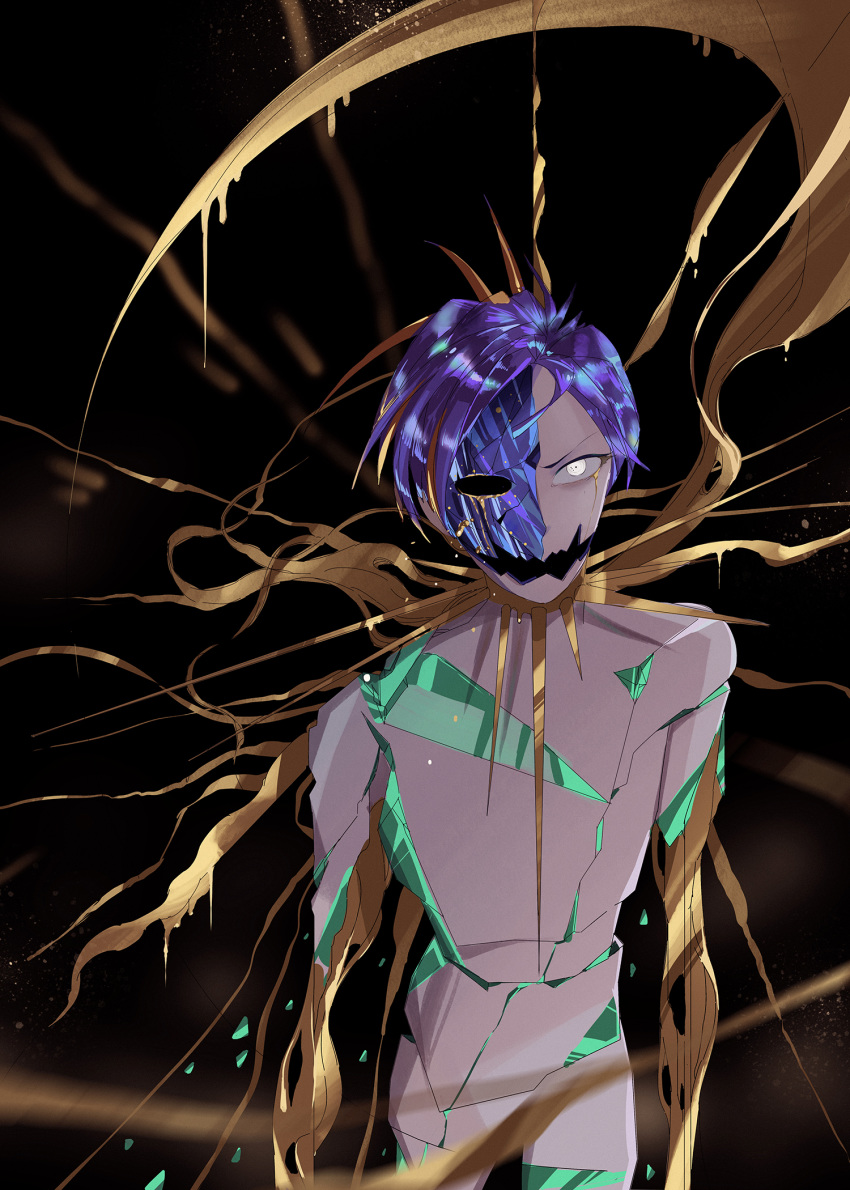 1other androgynous black_background blue_hair broken crack cracked crying crying_with_eyes_open crystal crystal_hair crystal_shard dripping gold golden_arms highres houseki_no_kuni ko_ryou leaking liquid melting missing_eye molten_metal open_mouth phosphophyllite phosphophyllite_(ll) shards short_hair simple_background solo spikes spoilers tears