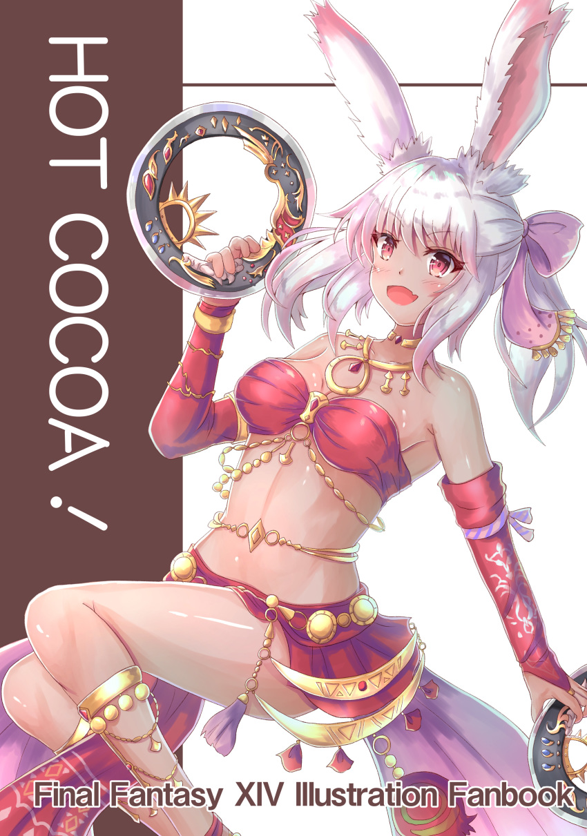 1girl absurdres animal_ears bandeau bangs bare_shoulders bow breasts bunny_ears chakram choker cocoasabure cover cover_page dancer_(final_fantasy) dark_skin detached_sleeves english_text eyebrows_visible_through_hair fang final_fantasy final_fantasy_xiv hair_bow highres holding holding_weapon jewelry looking_at_viewer medium_breasts open_mouth red_eyes short_hair silver_hair smile solo viera weapon