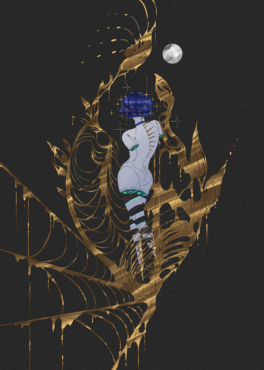 1other androgynous ass black_background blue_hair broken crack cracked crystal_hair dripping from_behind glint gold highres houseki_no_kuni ko_ryou leaking liquid melting molten_metal moon phosphophyllite phosphophyllite_(ll) short_hair simple_background solo sparkle spikes spoilers