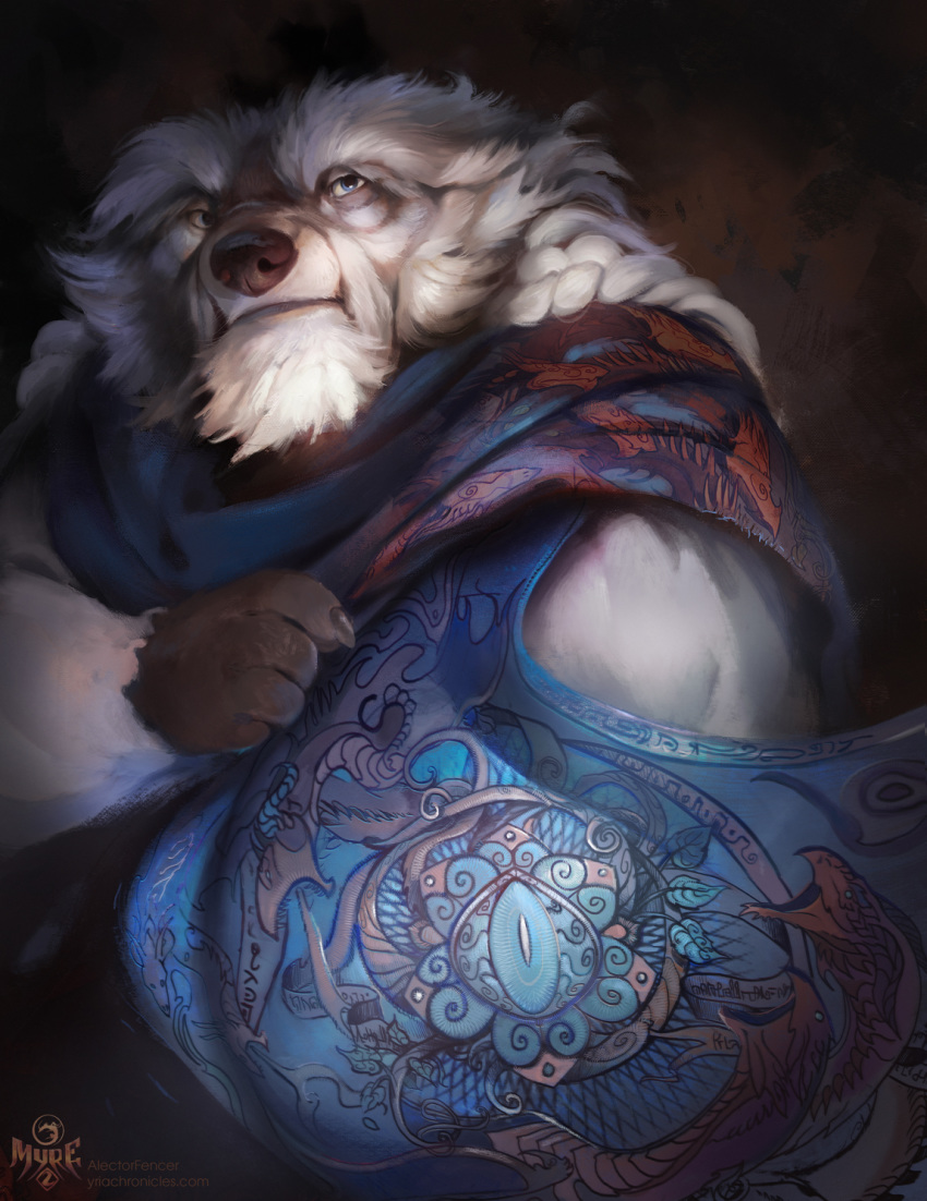 2019 5_fingers alectorfencer anthro black_nose braided_hair clothed clothing digital_media_(artwork) fingers fur hair hi_res male mammal solo ursid white_body white_fur