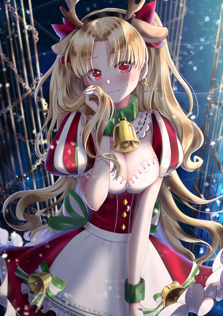 1girl absurdres alternate_costume animal_ears antlers apron bangs bell bell_collar black_hairband blonde_hair blush breasts cage chain cleavage collar commentary_request cowboy_shot detached_collar dress earrings ereshkigal_(fate/grand_order) eyebrows_visible_through_hair fake_animal_ears fake_antlers fate/grand_order fate_(series) hair_ribbon hairband hand_in_hair hand_up highres huge_filesize jewelry light_particles long_hair medium_breasts parted_bangs puffy_short_sleeves puffy_sleeves red_dress red_eyes red_ribbon reindeer_antlers reindeer_ears ribbon short_sleeves solo sweat tobi_(pixiv41237754) two_side_up very_long_hair waist_apron wavy_mouth white_apron wrist_cuffs