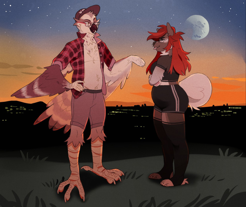 accipitriform akita anthro avian beak bird canid canine canis city clothed clothing digital_media_(artwork) domestic_dog duo eyewear feathers female fur glasses hair male mammal megumigoo moon osprey outside sky spitz standing star tongue tongue_out