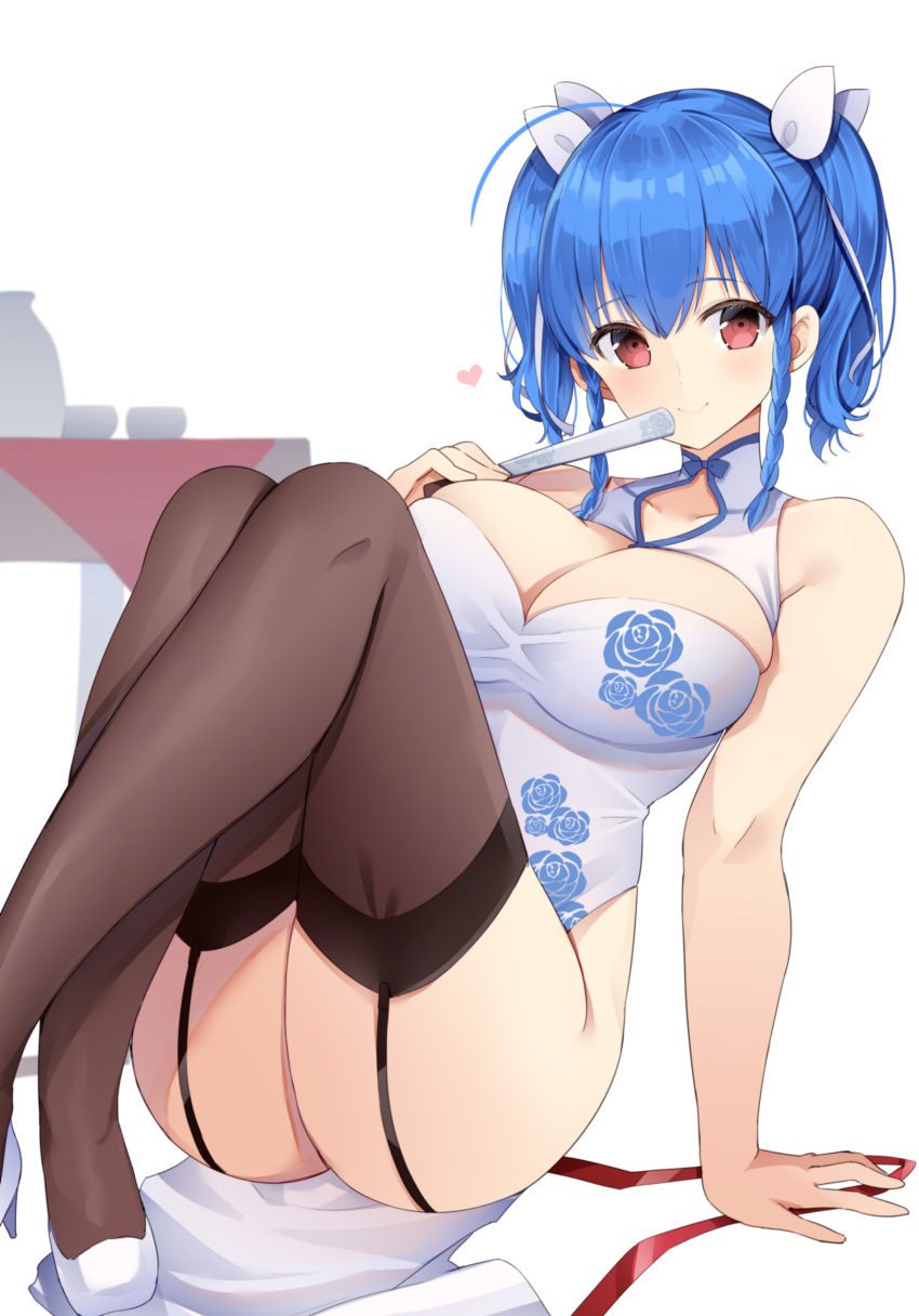 1girl absurdres ahoge arm_support ass azur_lane bare_arms bare_shoulders blue_hair braid breasts brown_legwear china_dress chinese_clothes cleavage cleavage_cutout collarbone commentary_request dress fan floral_print garter_straps hair_ribbon high_heels highres holding holding_fan knees_up large_breasts long_hair looking_at_viewer pelvic_curtain red_eyes red_ribbon ribbon sidelocks simple_background sleeveless sleeveless_dress smile solo st._louis_(azur_lane) st._louis_(splendor_of_spring)_(azur_lane) thighhighs twin_braids twintails white_background white_dress white_footwear yuzu-aki