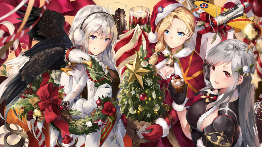 aircraft animal anthropomorphism azur_lane bird blonde_hair blue_eyes breasts christmas cleavage dunkerque_(azur_lane) enterprise_(azur_lane) food gloves gray_hair hat hood_(azur_lane) long_hair neko_(yanshoujie) ponytail purple_eyes red_eyes