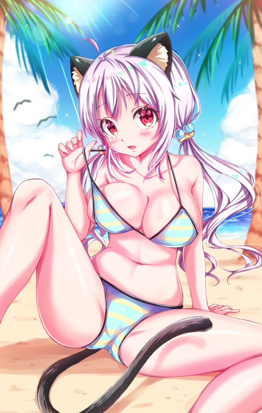 1girl absurdres animal_ears beach bikini breasts cat_ears cat_tail cleavage day fang highres large_breasts long_hair looking_at_viewer moe2018 navel original red_eyes silver_hair solo striped striped_bikini swimsuit tail tenzeru thighs