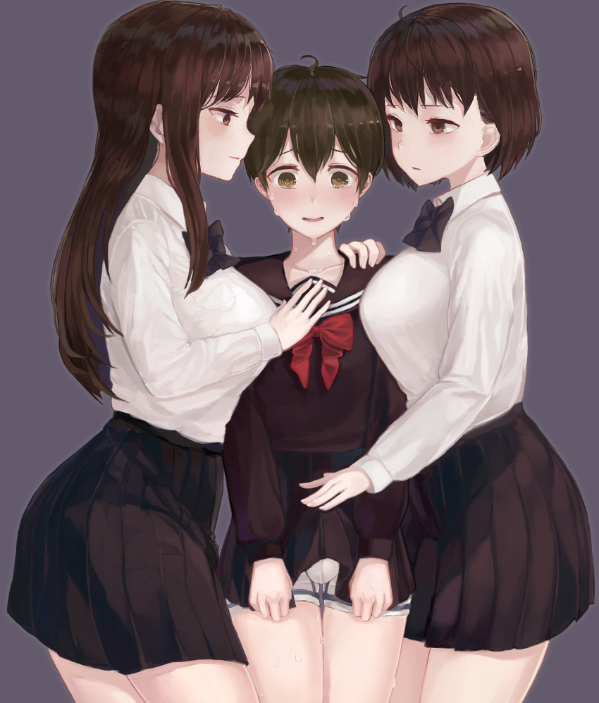 1boy 2girls age_difference erection erection_under_clothes highres multiple_girls school_uniform shota taena