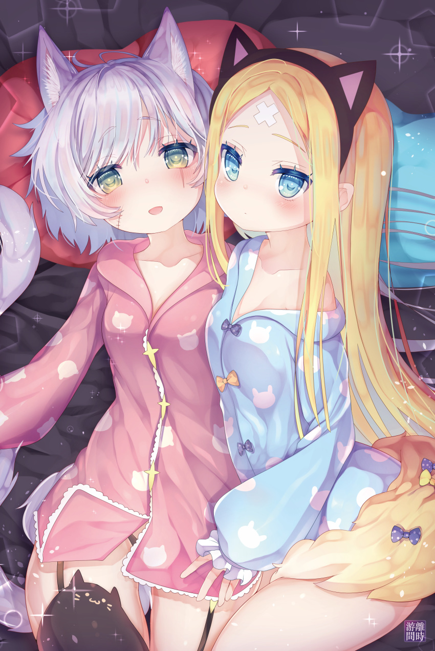 2girls abigail_williams_(fate/grand_order) absurdres animal_ears bangs bare_shoulders black_bow black_panties blonde_hair blue_eyes blue_pajamas blush bow breasts cat_ears cat_hair_ornament cat_tail collarbone commentary_request facial_scar fake_animal_ears fate/grand_order fate_(series) green_eyes grey_hair hair_ornament highres jack_the_ripper_(fate/apocrypha) long_hair looking_at_viewer lying multiple_girls on_back orange_bow panties parted_bangs pink_pajamas scar scar_across_eye short_hair small_breasts smile star tail thighhighs underwear zuzi_sotusko