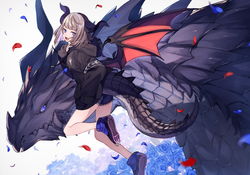 1girl :d bangs bare_legs black_jacket black_shorts blue_eyes blue_flower blue_footwear blue_rose blue_shorts blunt_bangs cutoffs dragon dragon_girl dragon_horns dragon_tail dragon_wings fang finger_to_neck flower from_behind grey_hair hood hood_down horns jacket long_sleeves looking_at_viewer open_mouth original paw_shoes petals print_jacket red_wings rose shoe_soles shoes short_hair shorts shugao simple_background sleeves_past_fingers sleeves_past_wrists slit_pupils smile tail white_background wings