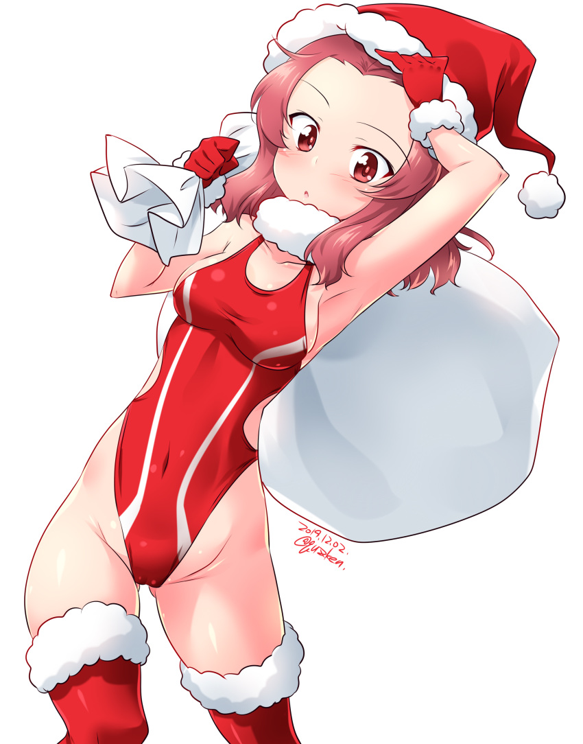 1girl absurdres armpits artist_name blush breasts cameltoe christmas collarbone covered_navel dated eyebrows_visible_through_hair girls_und_panzer gloves groin hat highres kuzuryuu_kennosuke large_breasts looking_at_viewer open_mouth red_eyes red_gloves red_hair red_headwear red_legwear red_swimsuit rosehip sack santa_hat shiny shiny_hair short_hair simple_background solo standing swimsuit swimwear thighhighs white_background