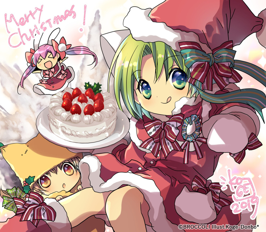 &gt;_&lt; 3girls :d animal_ears blue_eyes blush brown_eyes brown_hair bunny_ears capelet cat_ears chibi closed_mouth commentary dated dejiko di_gi_charat dress food fur_trim gema green_eyes green_hair hat highres holding holding_cake holding_food koge_donbo looking_at_viewer merry_christmas multiple_girls official_art open_mouth pink_hair puchiko red_dress sack santa_costume santa_hat short_hair signature simple_background smile strawberry_shortcake tongue tongue_out twintails usada_hikaru watermark white_mittens xd