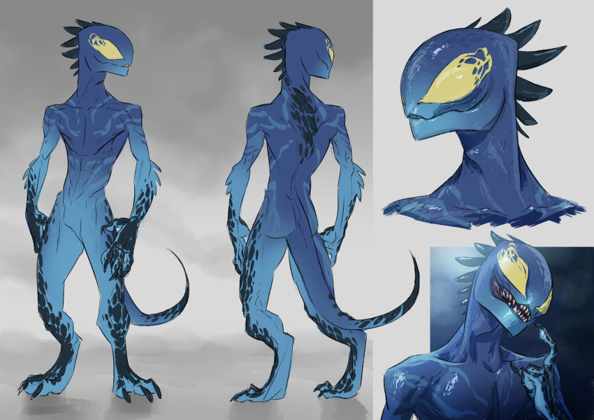 absurd_res alien anthro blue_body blue_scales claws featureless_crotch hi_res lizard maxspite model_sheet nude open_mouth reptile scales scalie sharp_teeth sludge_(kili) solo spines standing striped_body striped_scales stripes symbiote teeth toe_claws yellow_eyes